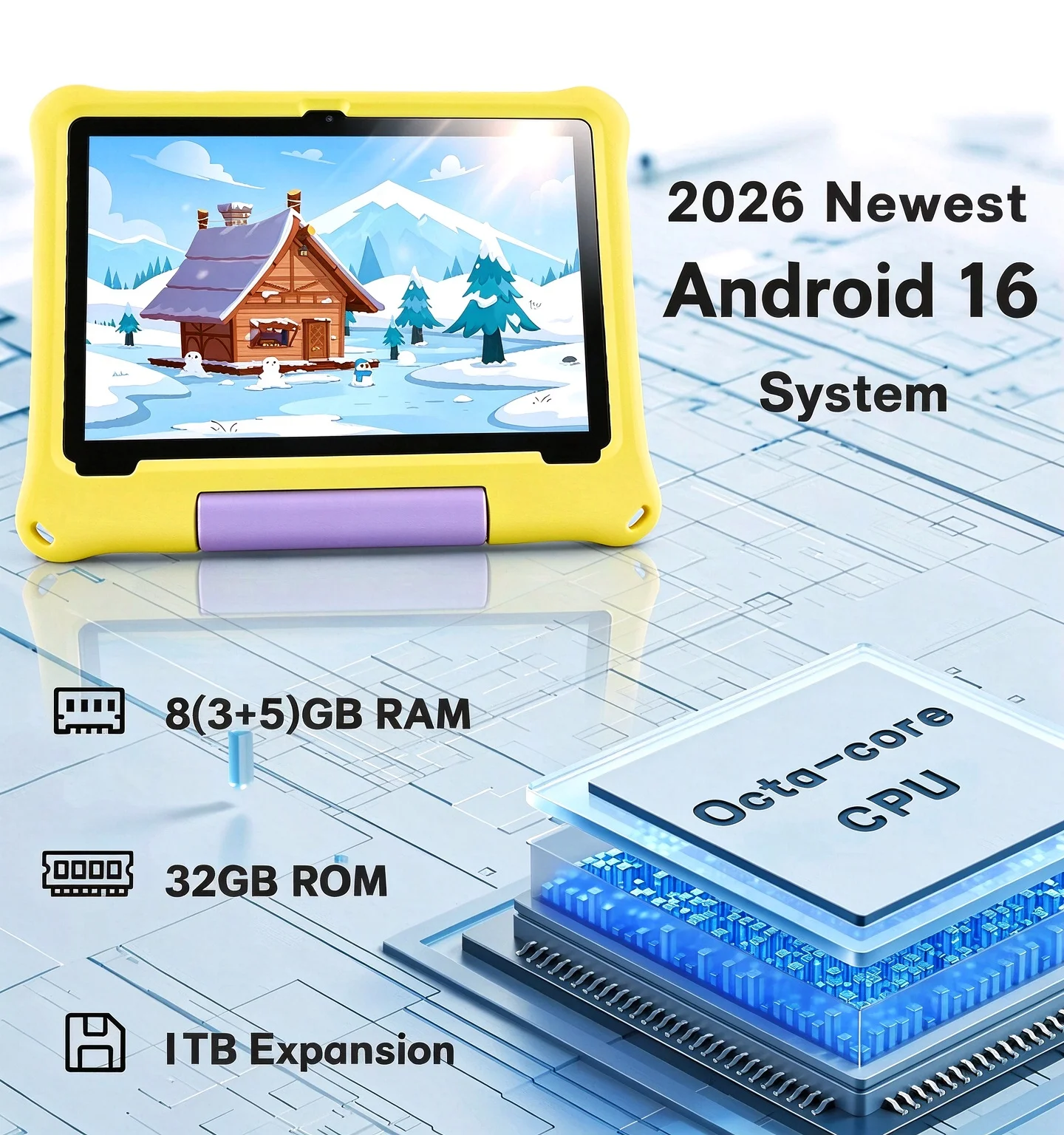 Paitanry 10 inch Kids Android 16 Tablet 8GB (3+5GB) RAM 32GB ROM 5000Mah Octa-core Wifi Children's Learning Educational Tablet