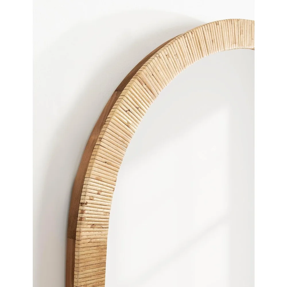 Rahfy Boho Arch Rattan Wall Mirror, 28 x 32, Natural Wood, Decorative Wooden Mirror with Authentic Rattan Frame