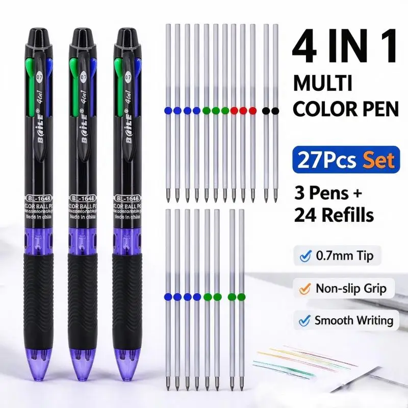 27Pcs/set 4-in-1 Retractable Ballpoint Pens, Durable Lightweight, Smooth Writing, One-click Operation for School & Professionals