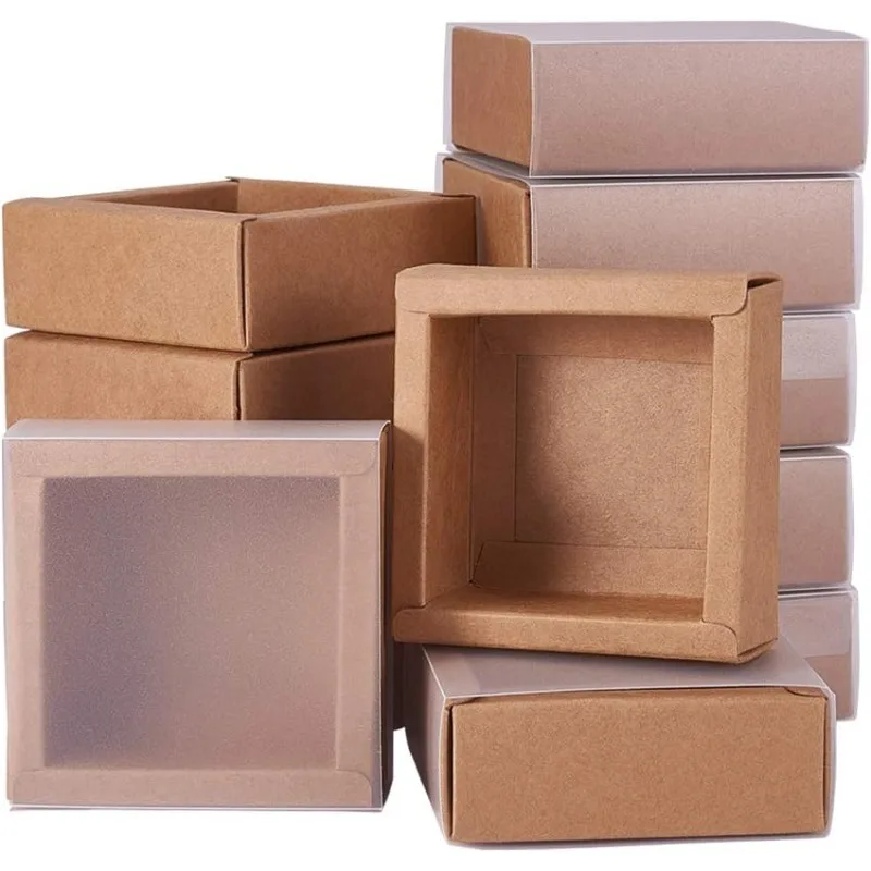 

12 упаковок маленьких квадратных коричневых крафт-коробок, сверхпрочная бумажная подарочная коробка с прозрачными окнами из ПВХ 3,3x3,3x1,2 для вечеринок, угощений