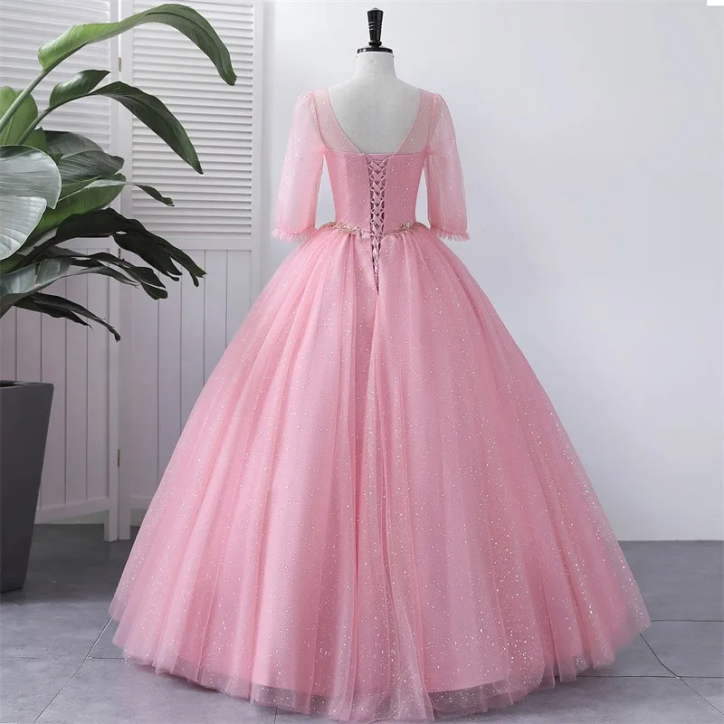 Ashley Gloria abiti Quinceanera manica lunga Bling Bling abito da festa con paillettes abito da ballo con scollo a v rosa dolce personalizza 2023 nuovo