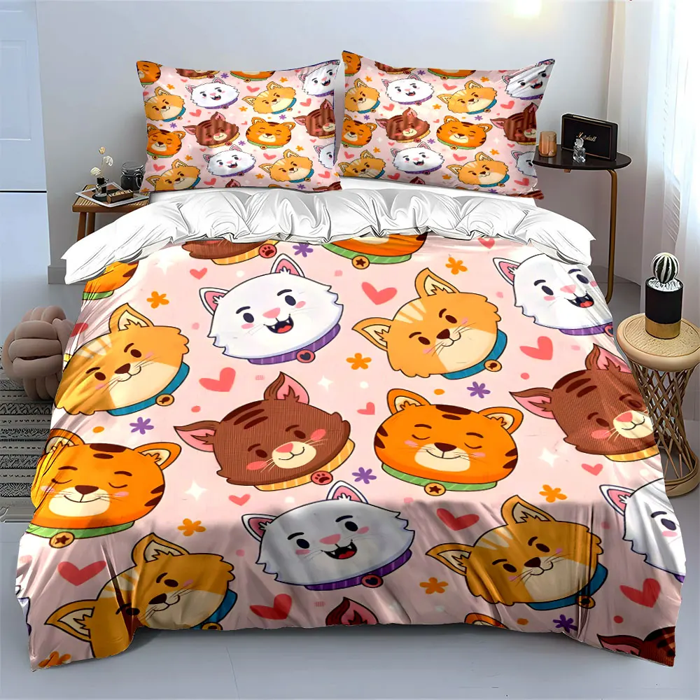 3Pcs Kawaii Mixed Cat Face Heart Duvet Cover Set, Pastel Pink Kids Kitty Bedding Includes 1 Duvet Cover And 2 Pillowcase, Gift view 6