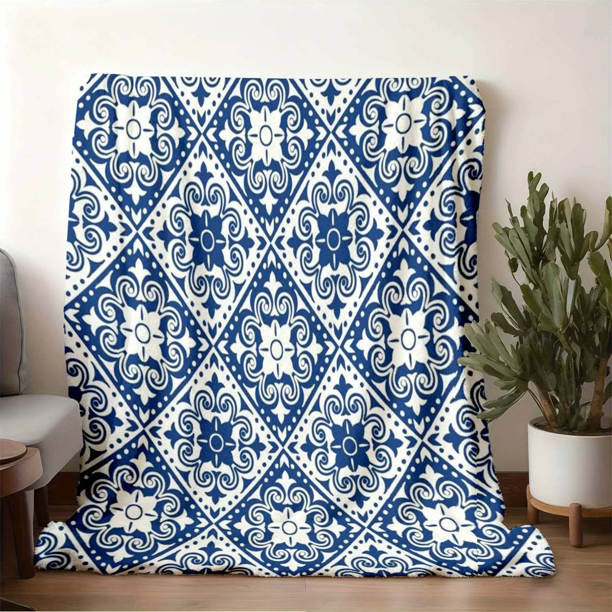 Vintage Blue And White Diamond Pattern Blanket, European Classic Style Sofa Throw, All-Season Bedroom Bed End Blanket, Office Na