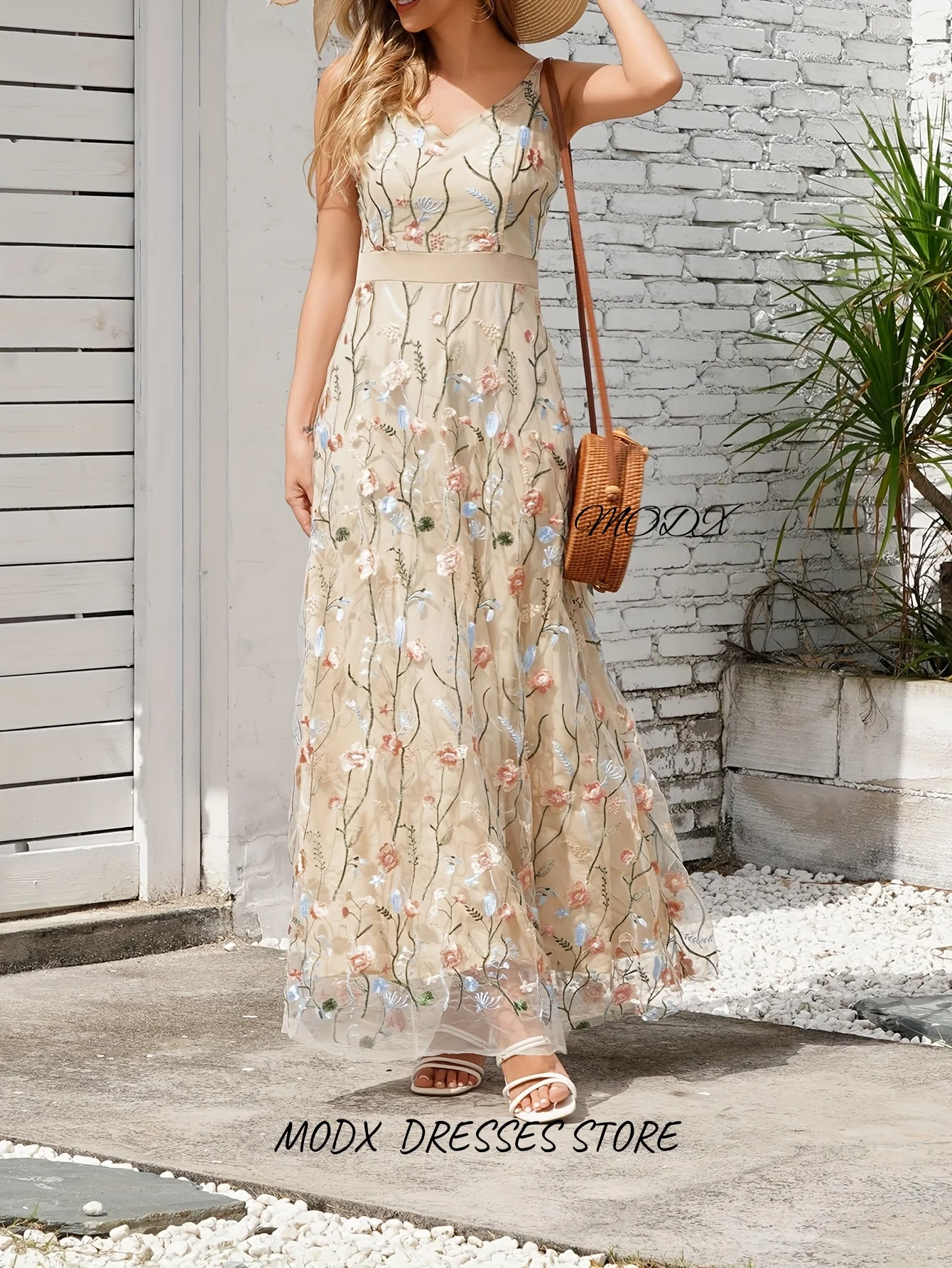 MODX Beiges Abendkleid mit V-Ausschnitt und Blumenstickerei, ärmelloses Tüll-Maxikleid für Damen, Party, Abschlussball, formelles Outfit, individuell gestaltet