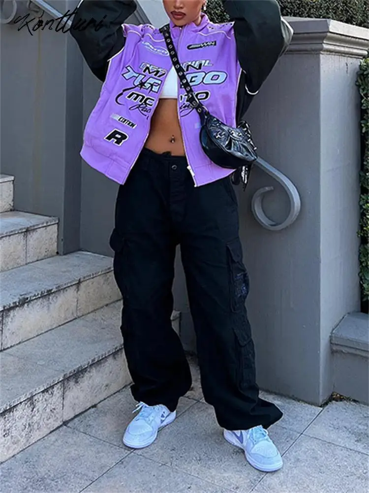 Kontturi-Veste Décontractée à Col Rond pour Femme, Manteau à Manches sulf, Fermeture Éclair, Violet, Streetwear, Collection Automne 2023