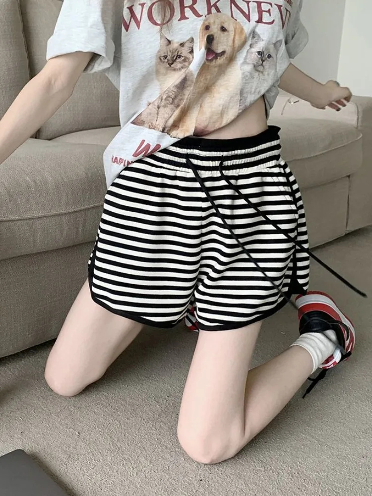 

Summer Shorts Women Striped Stylish Vintage Soft Female Streetwear Casual Student College All-match High Waist Minimalist Thin