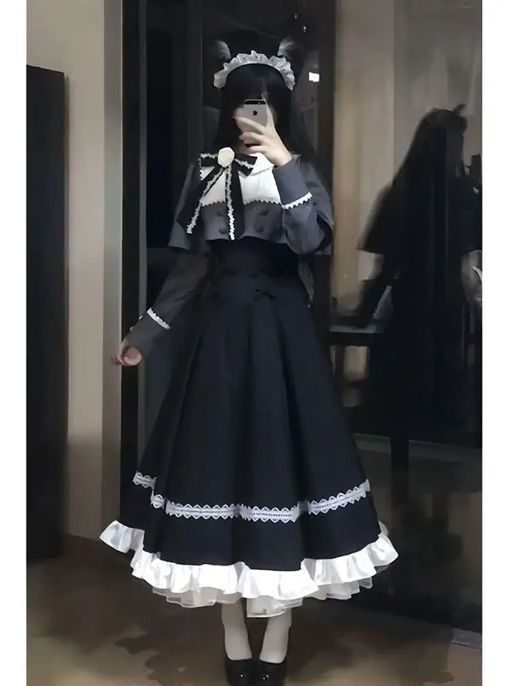 MAGOGO Japanese Gothic Elegant Lolita Midi Dress + Bowknot Cloak Jacket Autumn 2026 Lolita Vintage Y2k Two-piece Dress Set