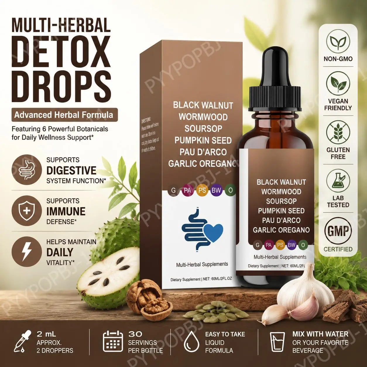 Multi-Herbal Immune Defense Drops with Black Walnut Extract, Wormwood, Soursop, Pumpkin Seed, Pau D'Arco, Garlic, Oregano, 60 ML