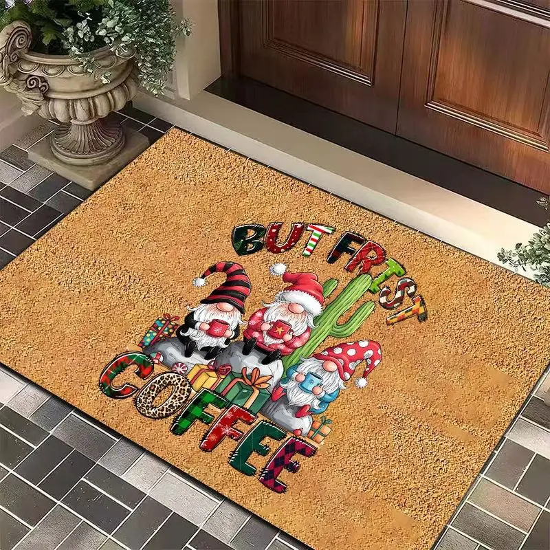 VIKAMA Christmas Gnome Door Mat Cute Tomte Holding Coffee Mugs But First Coffee Funny Front Welcome 2027 Christmas Home Decor