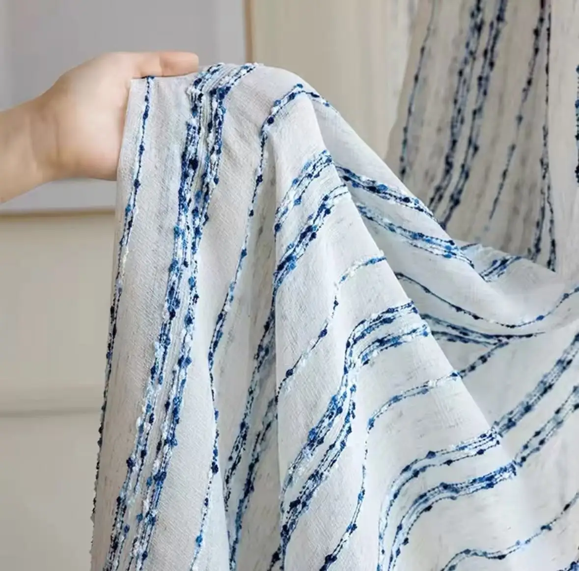 

Японские льняные занавески из хлопка и льна в сине-белую полоску, трехмерная текстура, светопропускающая марлевая занавеска