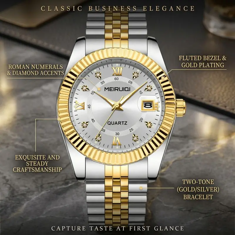 1pc Two-tone Watchband Roman Numeral Quartz Watch with Date Display, Simple, Elegant, Stylish