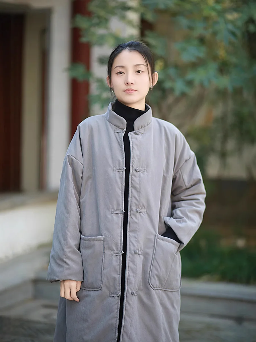 Vintage Harajuku 100% Cotton Coat Women Warm Autumn Winter Clothes Long Parkas Single-breasted Pockets Stand-up Collar Jackets