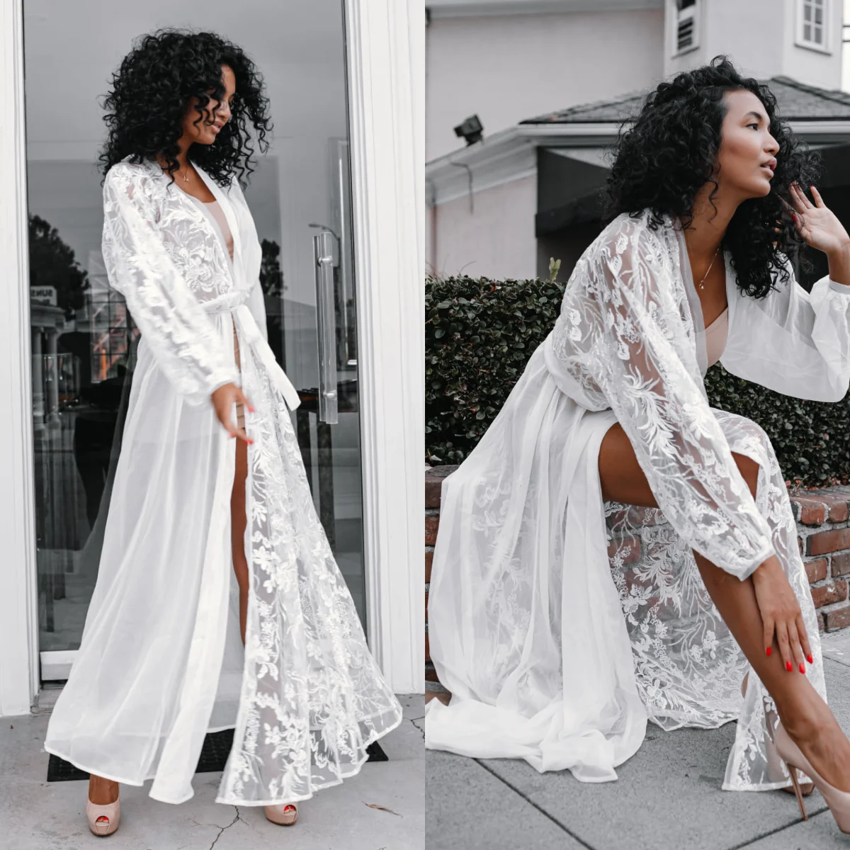 

White Chiffon Wedding Robe Customized Lace Appliqued Bridal Robes Long Sleeve Lingerie Women Gowns Boudoir Bathrobe
