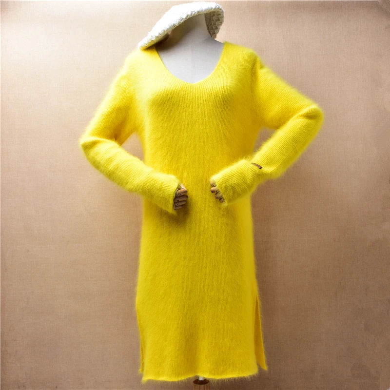 Female Women Autumn Winter Clothing Yellow Hairy Angora Rabbit Hair Knitted V-Neck Long Sleeves Slim Long Sweater Dress Jumper