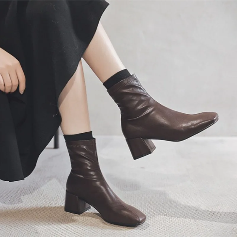 Women's Shoes Designer Rear Zipper Elastic Boots New Round Toe Knight Boots Women Brand Thick Heel Fashion Boots Zapatos Mujer