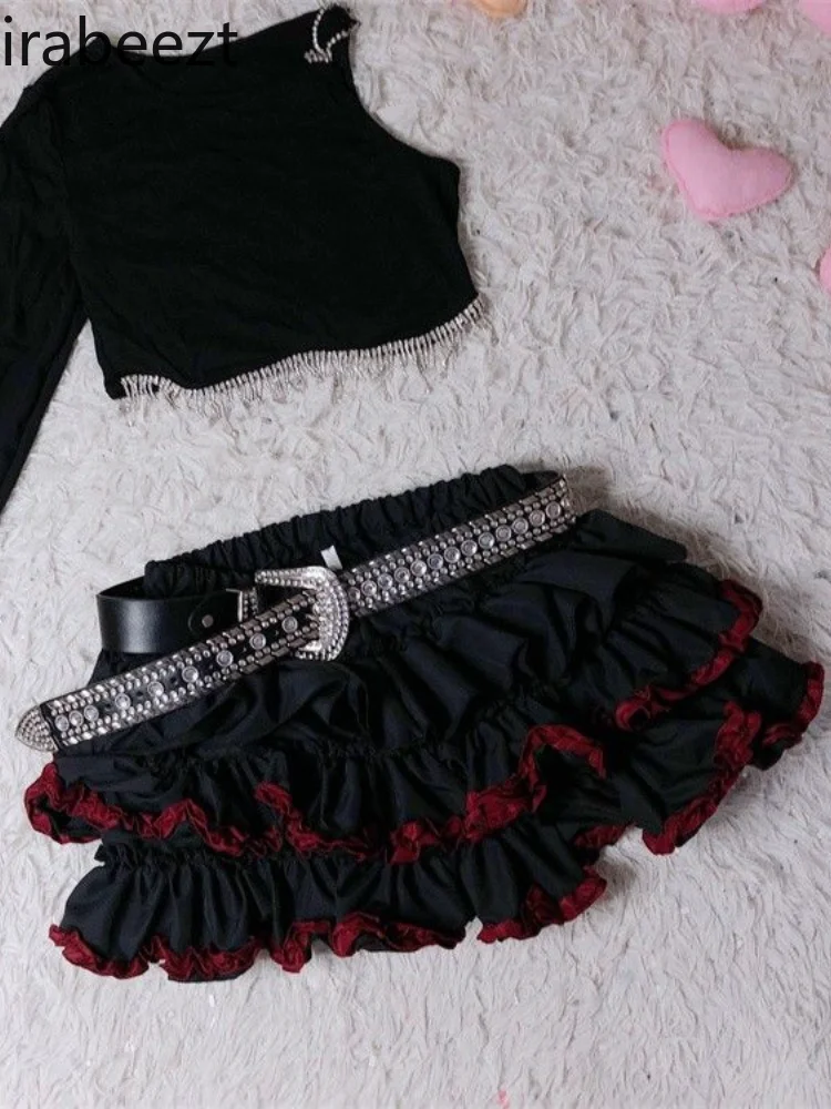 American Sweet Cool Subculture Black and Red Skirt High-waisted Pongee Cake Shaped Half Pack Summer New Faldas Largas