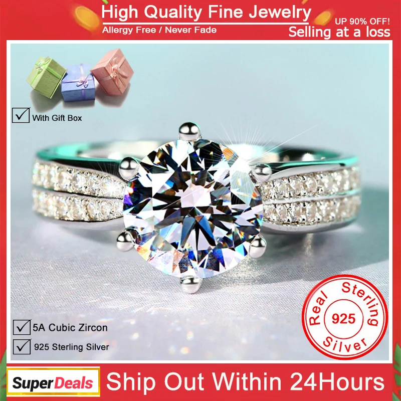 

YHAMNI Real 925 Sterling Silver Ring Gift for Women Luxury 3 Carat Cubic Zirconia Engagement Wedding Rings Fine Jewelry