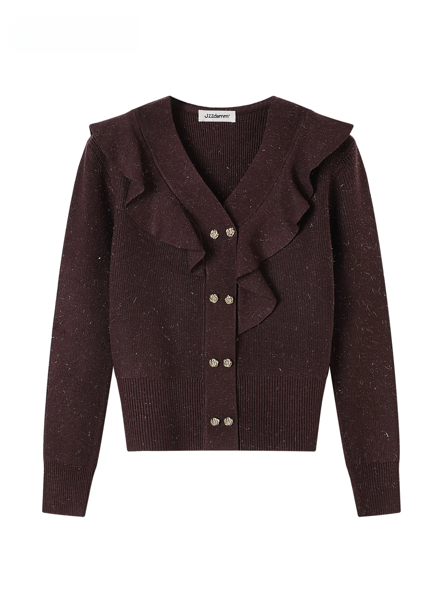 

Женский свитер JZZDEMM из смешанной пряжи с золотым отливом, приталенный, с двойной застежкой на пуговицы, вязаный, с V-образным вырезом, длинный рукав, зимний...