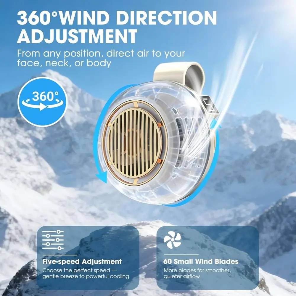 360 Degree Adjustable Silent Mini Bladeless Electric Fan 3 Speeds Wearable Suspended Waist Fan Long-Lasting USB Rechargeable