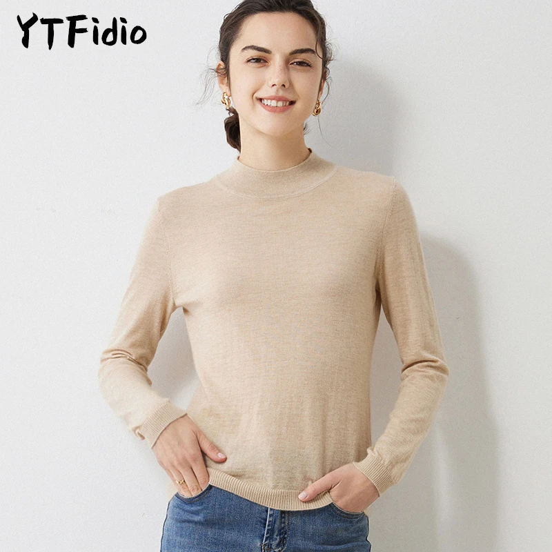 

YTFidio 100% Cashmere Women Half High Neck Sweater Pullover Mock Neck Slim Soft Warm Solid Elastic Pullover 52