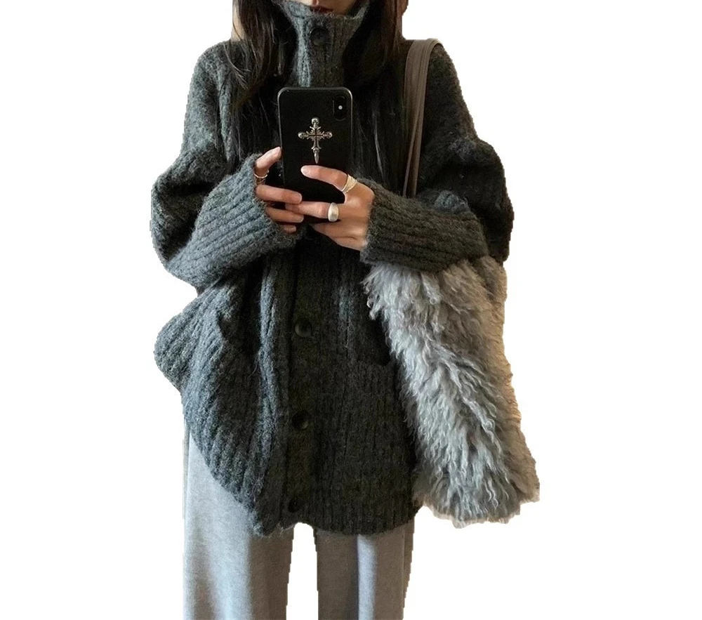 Sweter damski z wysokim kołnierzem na jesień/zimę 2025, nowy, luźny kardigan z dzianiny.