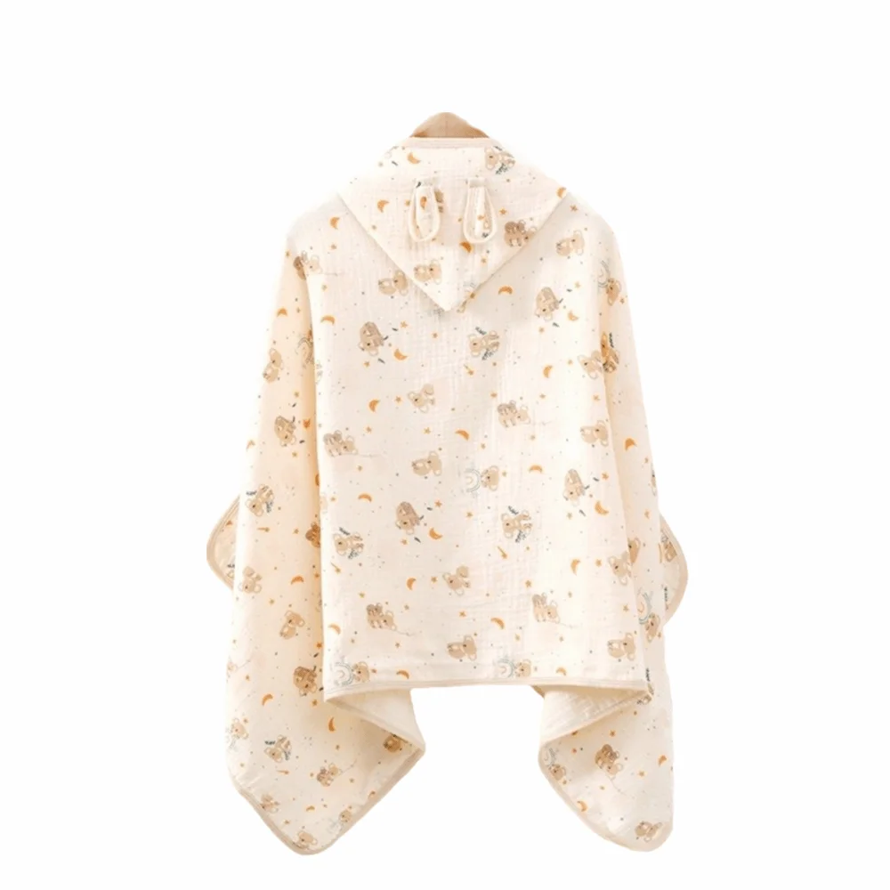 Warm Cartoon Printed Baby Gauze Bath Towel Soft Comfortable Hooded Bathrobe Absorbent Four Layer Cartoon Cloak Towel Sleepwear