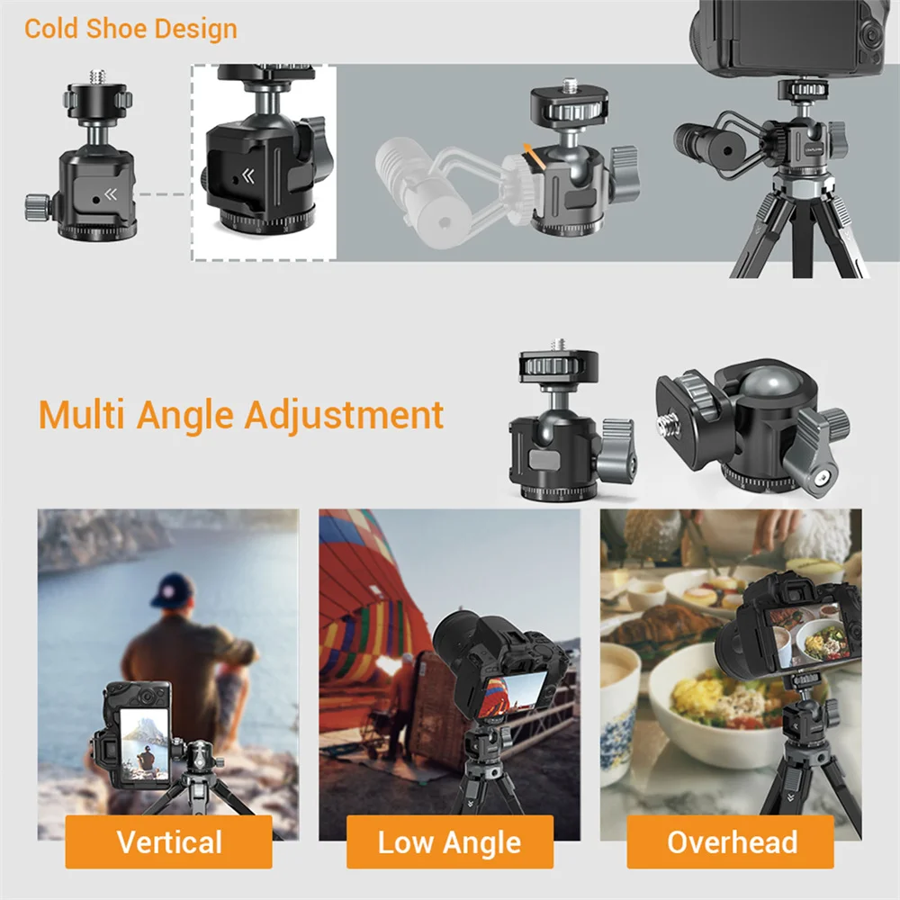 알루미늄 미니 볼 헤드 파노라마 삼각대 헤드 및 콜드 슈 마운트 어댑터, DSLR 카메라 삼각대 휴대폰 마운트, 최대 하중 2.5kg, 5.5lb