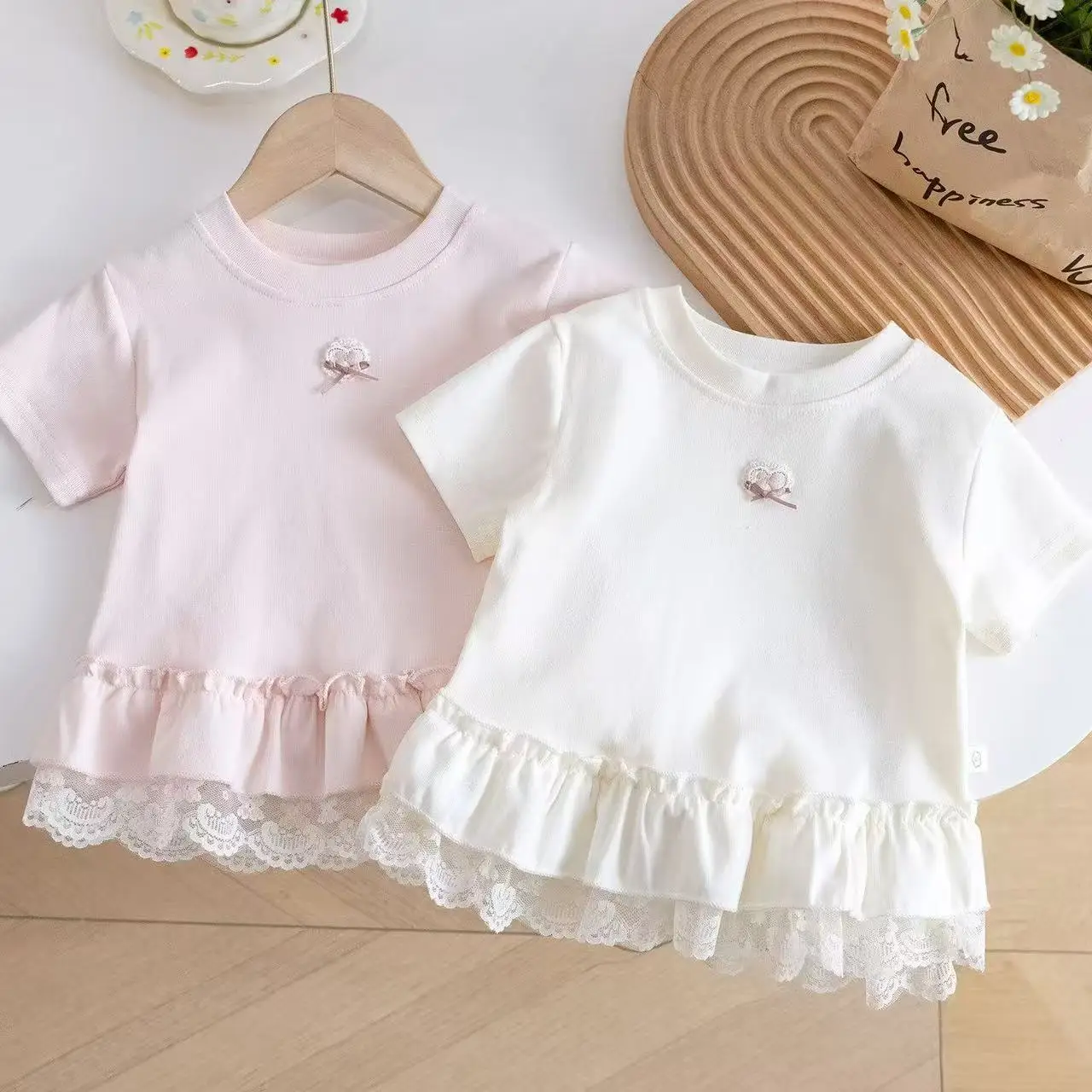 

Girls T-shirt Summer New Style With Ruffled Hem Baby Cotton Breathable Top Baby Versatile Princess Thin Summer Clothes