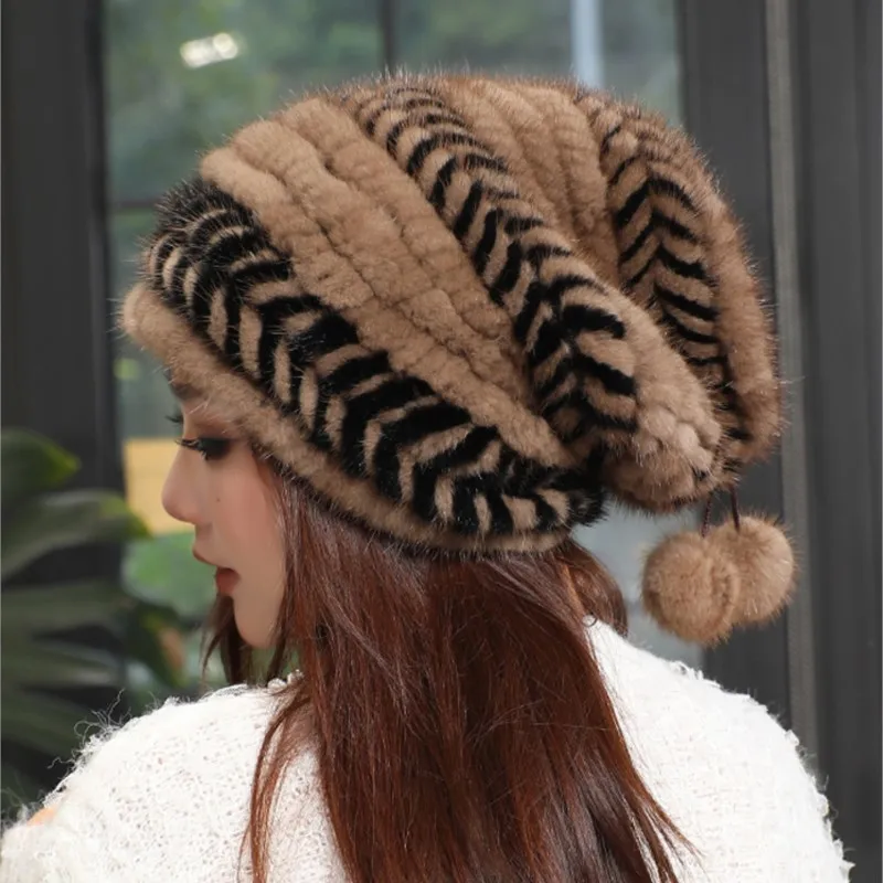 

Real wool woven fur women's leather warm ear casual pile windproof hat