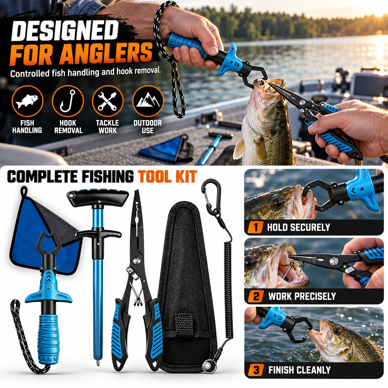 Fishing Pliers Kit with Fish Gripper Hook Remover Storage Bag Lanyard - Durable Rustproof Saltwater Lure Tool Set for Angler