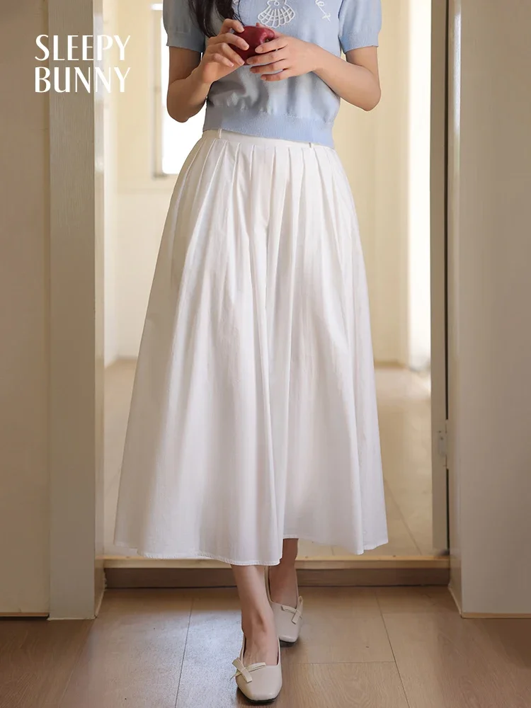 High Waist White A-Line Midi Skirt Women Summer Loose Fit Flowy Pleated Skirt Slimming Elastic Waist Flared Skirt Casual Wear