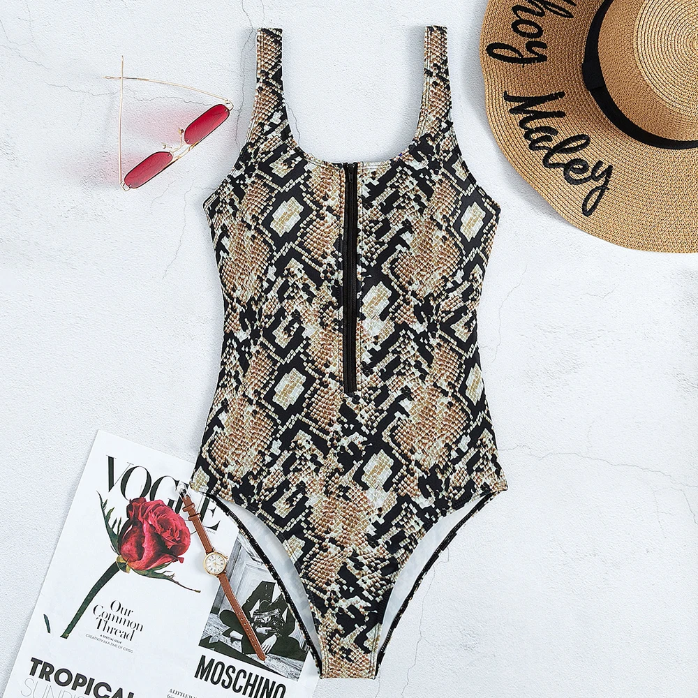 Swimsuit 2022 New Summer Women Snakeskin Print Zipper One Piece Bikini Beach Swimming Suit Brazilian Swimwear Tummy Contro Dress