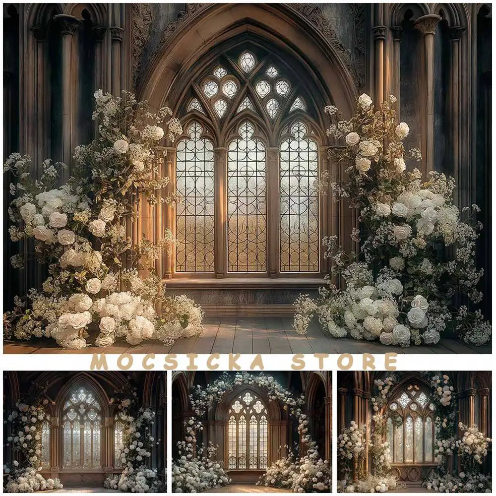 

Mocsicka Photography Background Arch Church European Palace White Flower Women Wedding Portrait Photo Backdrops Photoshoot Props