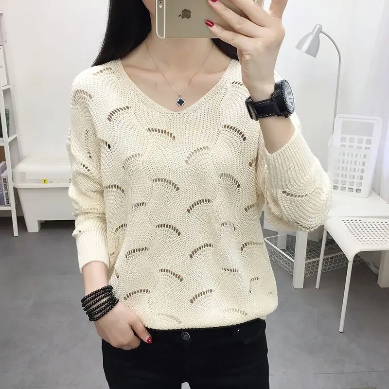 Women Clothing Fashion Hollow Out Thin Knit Pullovers Spring Autumn Casual Loose V-neck Long Sleeve T-shirt Office Lady Chic Top