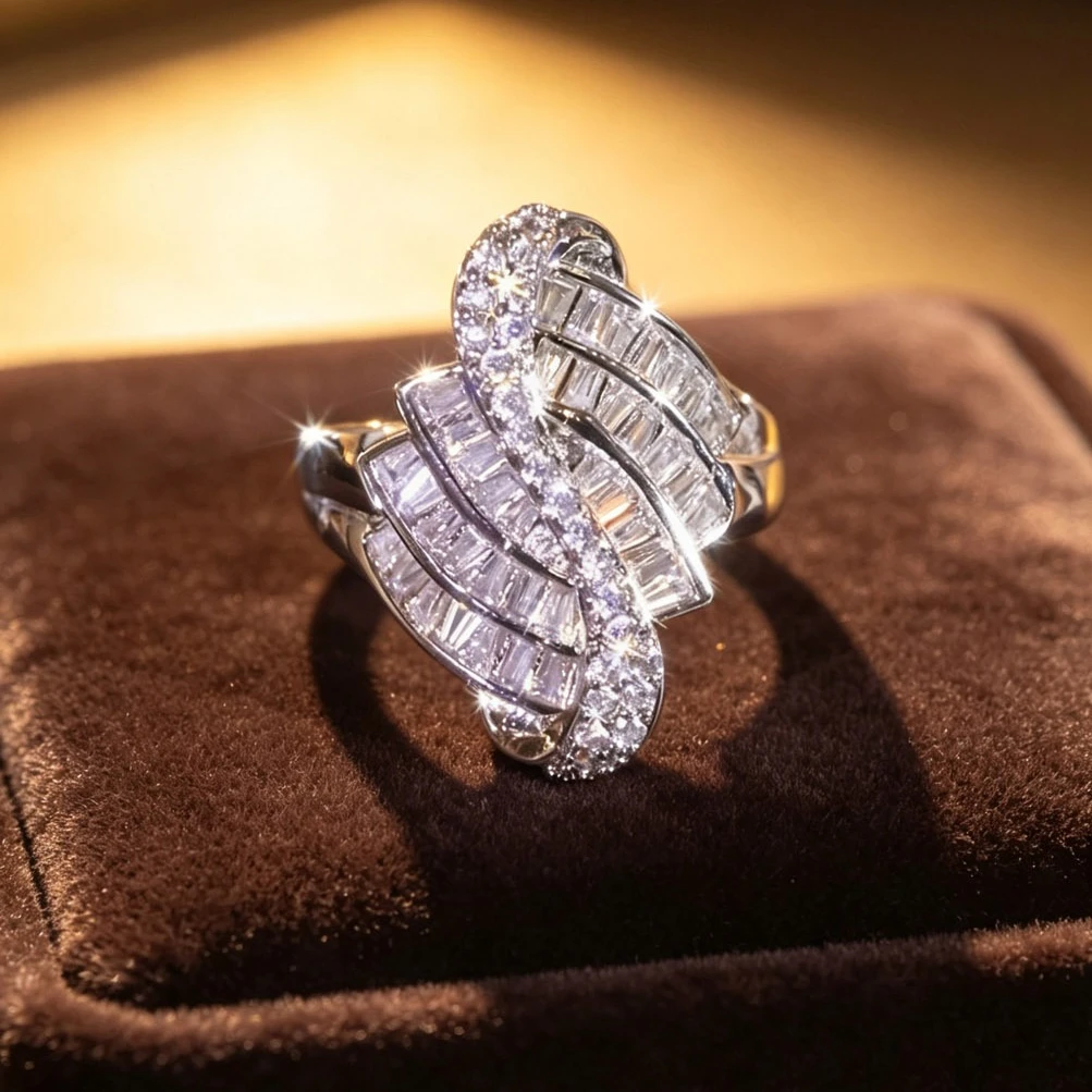 Elegant Interwoven Twist Wide Statement Ring Shiny Baguette Cut Synthetic Zircon Paved Finger Ring Birthday Anniversary Valentine Holiday Gift for Ladies
