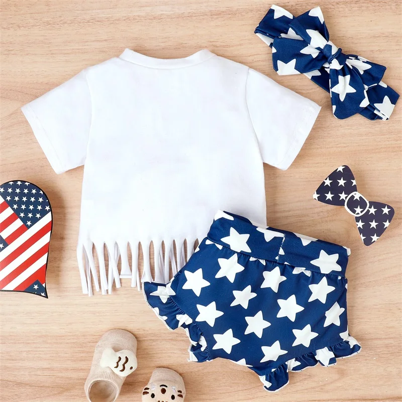 Newborn Baby Girl 4th of July 3pcs Outfits Short Sleeve Tasseled T-shirt Stars Shorts and Hairband Summer Clothes Set