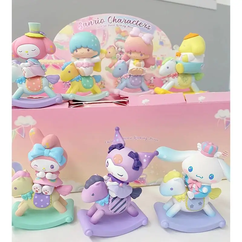 Sanrio caixa cega personagens infância cavalo de balanço estatueta melodia kuromi pochacco cinnamoroll figura de ação presente brinquedos presentes