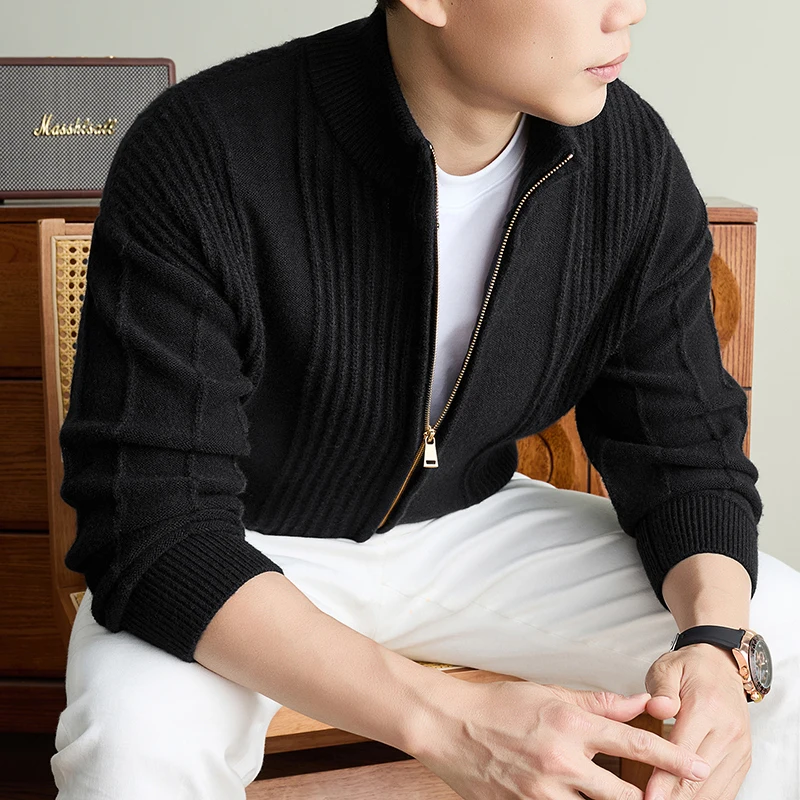 Fashion new jacquard knitted coat men's high-quality solid color autumn winter warmth semi high neck zipper sweater cardigan