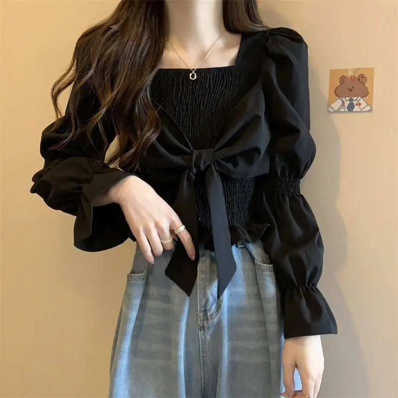 Korean Fashon Cloth Blouses Women Bow Square Collar Sweet Long Sleeve Slim Short Tops Designed Ins All-match Solid Retro Shirts