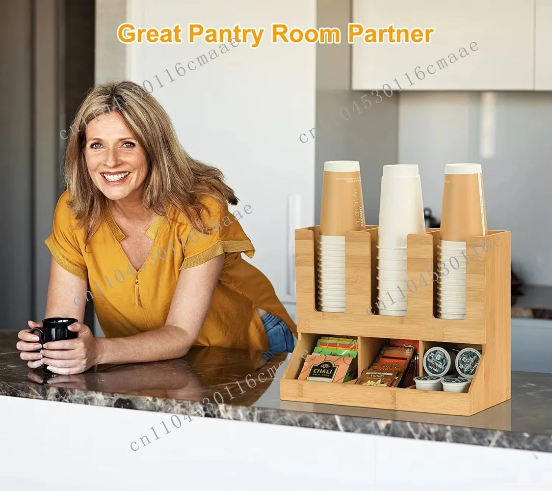 bamboo-coffee-station-organizer-6-compartments-condiment-rack-breakroom-accessories-caddy-for-k-pods-snack-tea-bags-disposable