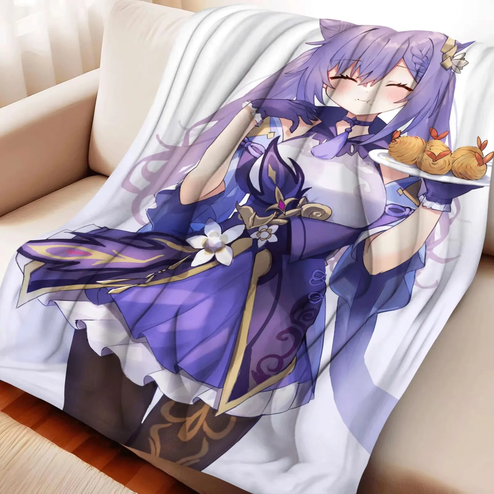 Cartoon Genshin Impact Keqing Flannel Blanket Cover Warmth Soft Anime Blanket Multifunctional Decor Home Universal Blankets