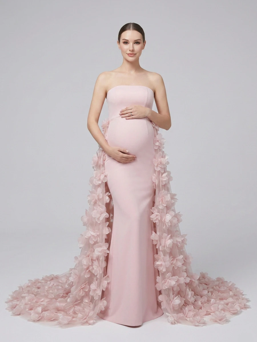 Elegant Pink Strapless Maternity Dresses for Photo Shoot 3D Floral Appliques Pregnant Women Evening Gown YD260907
