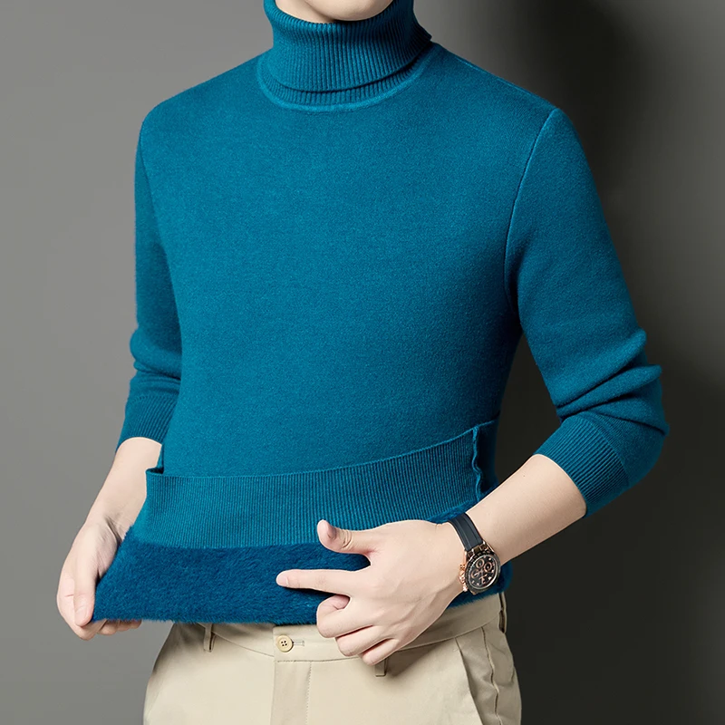High neck sweater men's winter new style with added fleece and thick wool sweater for warmth, inner layer and base knit sweater