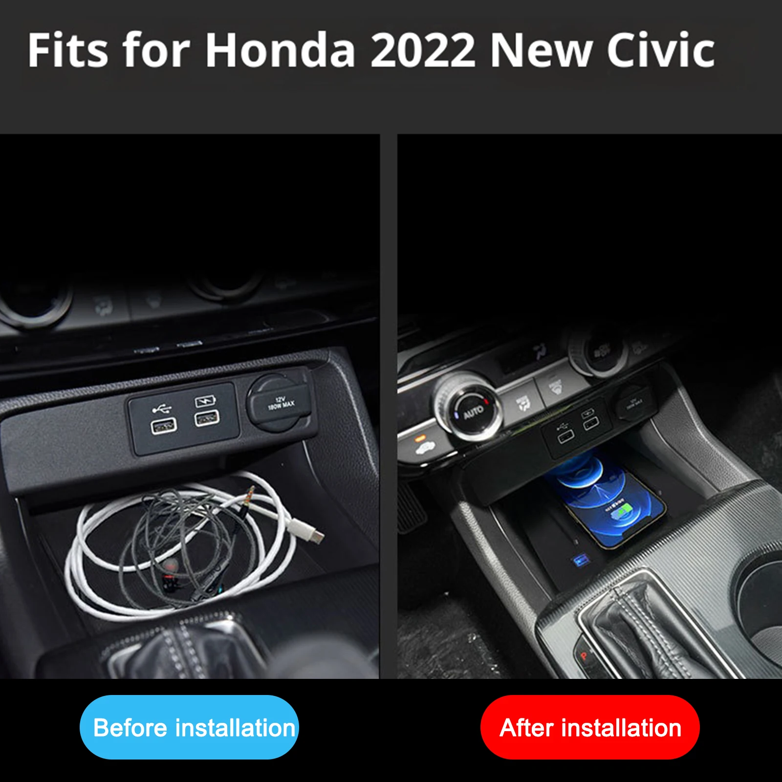 2 Din for Honda Civic 2022-2024 Car Wireless Mobile Phone Charger Center Console Storage 18W iphone fast charge plate holder