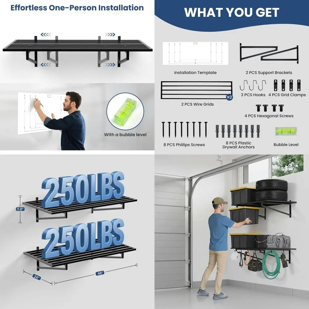 

2ft x 4ft Steel Wall Shelf Rack with 3 Hooks, 250 lbs Capacity, Garage Storage for Tools, Bins, and Equipment