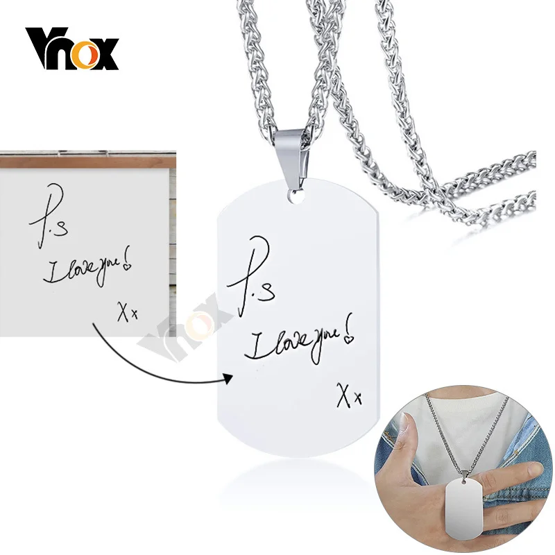 Vnox Men Personalize Handwriting Dog Tag Necklaces Minimalist Stainless Steel Pendant Custom Army ID BFF Gifts Jewelry