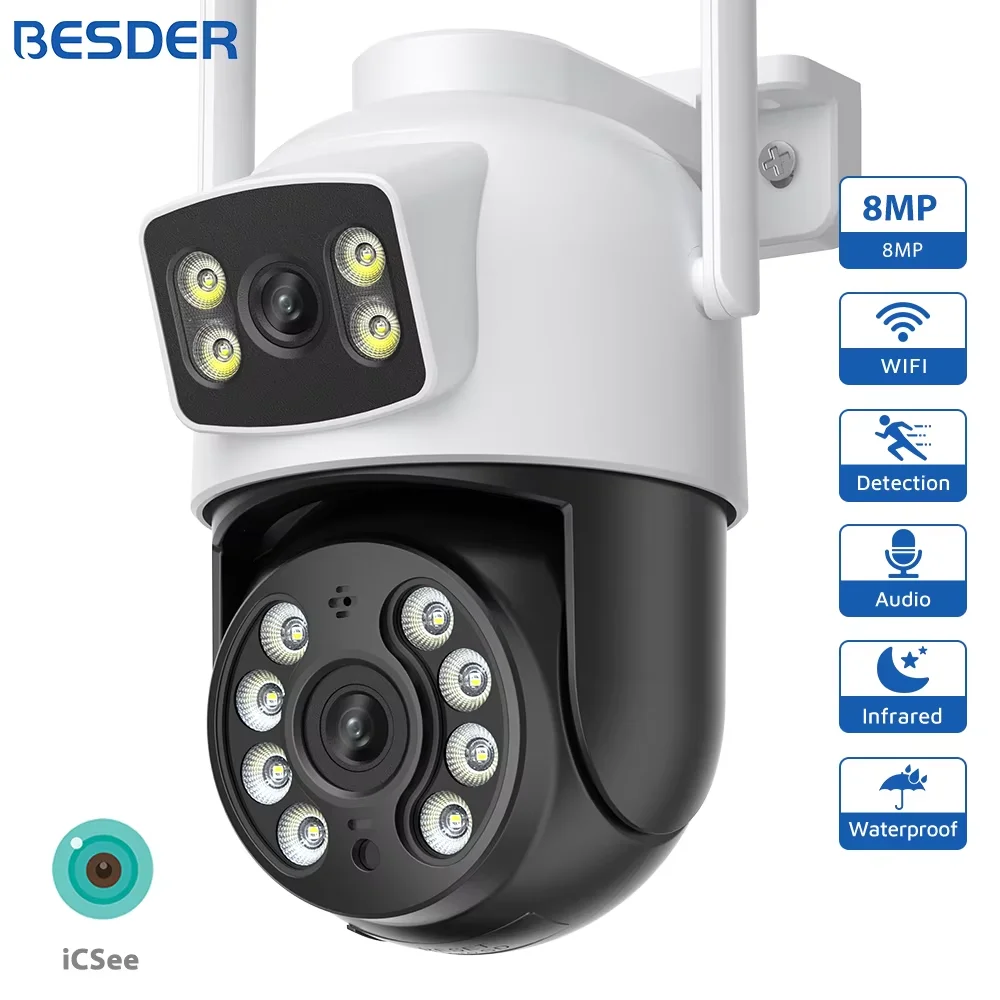 BESDER 8MP IP Camera PTZ Auto Tracking Night Vision Outdoor Security Protection Wifi CCTV Surveillance Camera Dual Screens iCSee