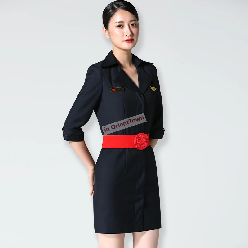 Stewardesa Uniform Lady China Trend Eastern Airlines Profesjonalny garnitur Wiosna Jesień Stewardesa linii lotniczych Sukienka z kołnierzykiem z klapami