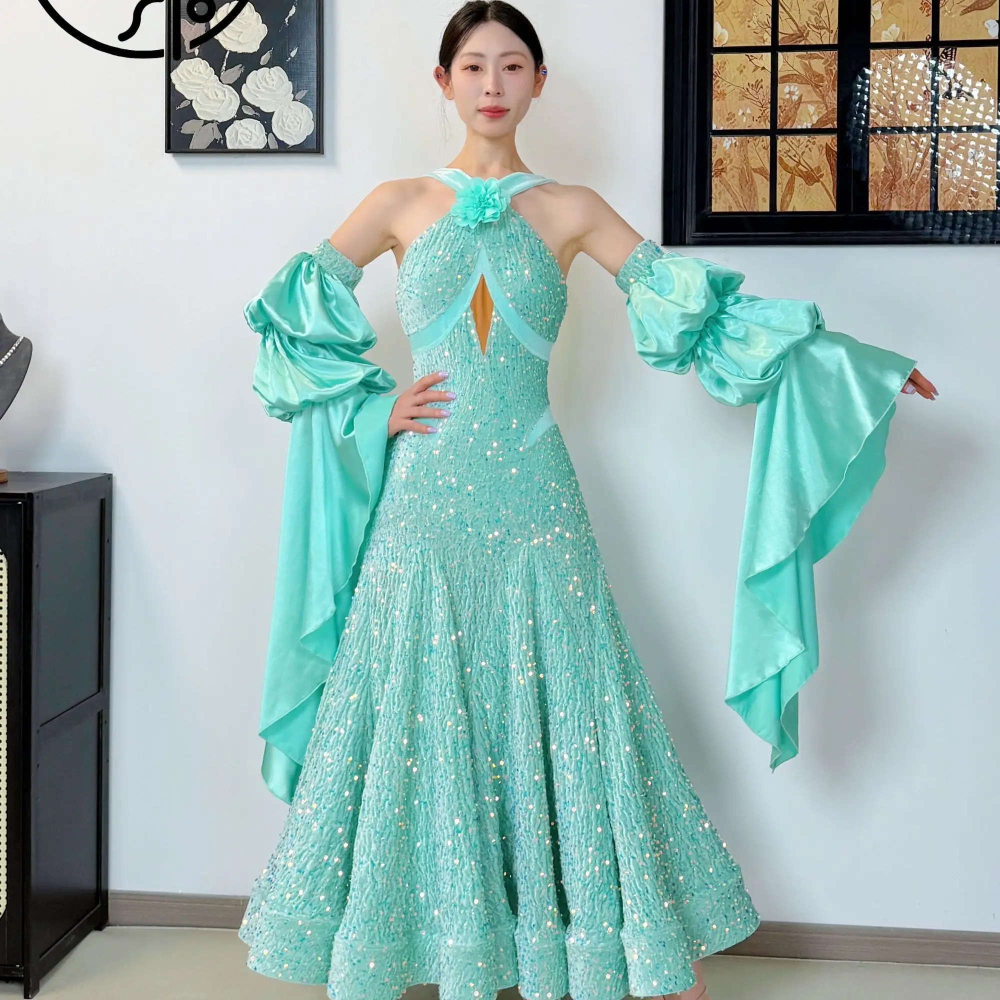 2026 New Ballroom Dace Costume Women Prom Performance Vlevet Sequins Long Dress Black Waltz Dance Dress Tango Stage Wear BL20213