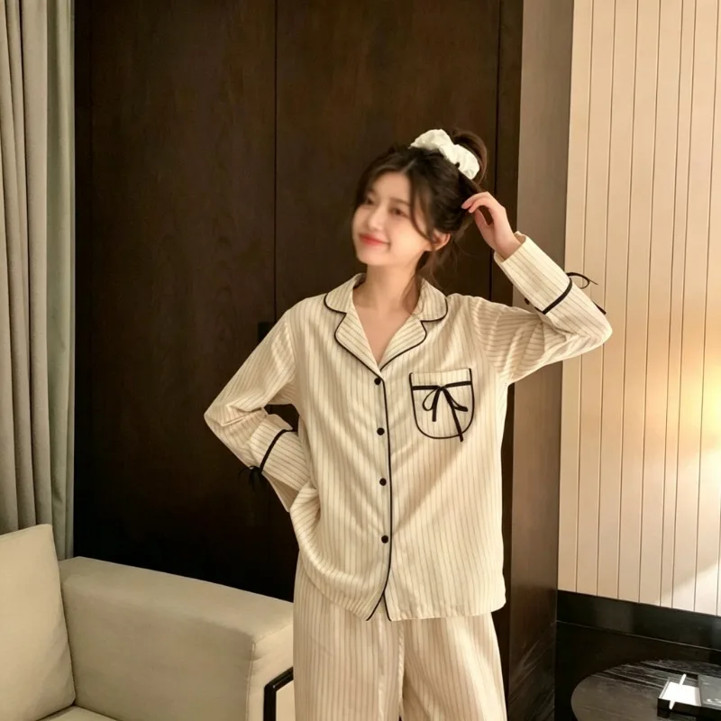 Korean Style Women Pajamas Set Autumn Casual 2Pcs Sleepwear Stripe Print Lapel Neck Bow Long Sleeve Long Pants Loungewear Suit